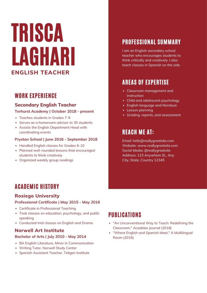 teacher resume format in word