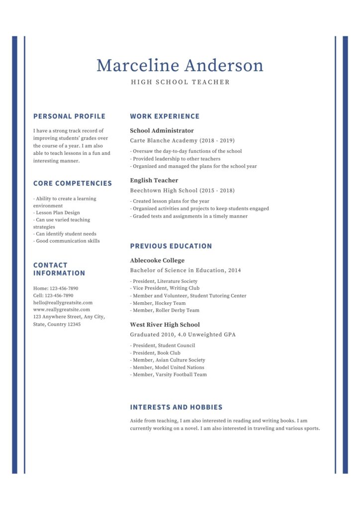 teacher resume format in word