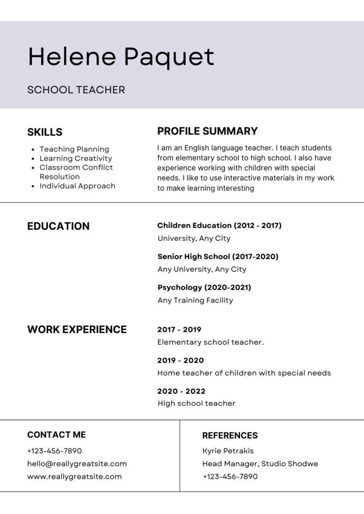 teacher resume format in word